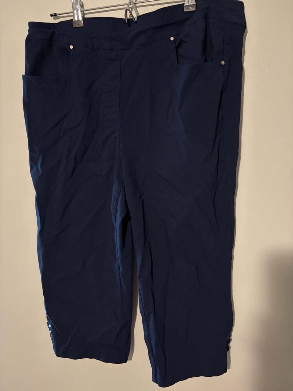 Chico's Women's Navy Blue Capri Pants with Studded Lattice Hem Detail